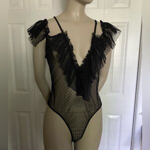 PRETTYLITTLETHING Black Sheer Mesh Polka Dot Frill Trim Bodysuit